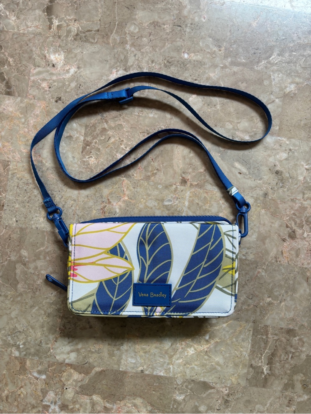 Vera Bradley White Crossbody Wallet with Blue Floral Leaves